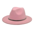Detailed view of a pink wool fedora hat featuring a slim silver metal decorative band - Pink
