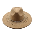 Detailed view of camel suede felt bridal hat with sparkling rhinestone fringe tassels - M (56-59cm) / Camel