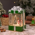 Green Christmas gift box lantern featuring a snowman and tree with snow globe effect - Fixed Gift Box Snowman