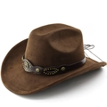 Dark brown faux suede western cowboy hat with leather band and brass rivets on white background - M(56-58cm) / Coffee