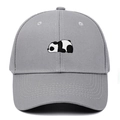 Close-up of a panda embroidery on a dark grey cotton baseball cap with fine texture - Gray