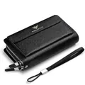 Classic black cross-pattern leather men's business clutch with double zippers and wrist strap - Cross Grain Long Style / Black