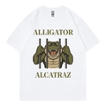 White cotton t-shirt with Alligator Alcatraz graphic and round neck in flat lay view - S / White