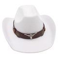 Classic white felt cowboy hat featuring a brown faux leather band with a silver longhorn - White
