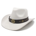 Close-up of white suede cowboy hat with vintage brown belt and floral metal studs - M (56-59cm) / Cream