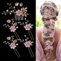 Detailed view of pink floral hair comb and pins set for bridal wedding hairstyles - Purple 5-Piece Set