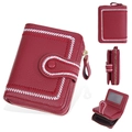 Short red grainy faux leather women wallet with floral stitching and zipper closure - Red