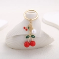 Sweet cherry pearl keychain with red fruit and green leaf on golden metal hardware - ER710-Gold Pearl Cherry