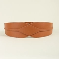 Detail of tan elastic waist belt featuring diamond stitching and metal snap closure - Camel 65cm