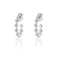 Detailed macro of silver-tone zigzag C-shape earrings set with sparkling zircon stones - Jagged Hollow Rhinestone Hoop Style (JQH0103-SS) / Silver