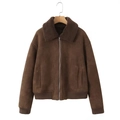 Giacca marrone in finta pelle scamosciata con collo in pile e zip per donna inverno 2025 - S / caffè