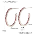 Silver stainless steel C-shaped hoop earrings with pink pavé set cubic zirconia - Style B-21mm / Steel Pink Zircon