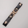 Elastic wide black belt featuring vintage gold floral engraved double buckle design - Mirror Black