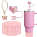 Pink rhinestone tumbler sleeve with glitter heart straw cover and butterfly keychain set - Light Pink