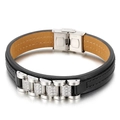 Men's black leather bracelet with silver stainless steel crystal-set links and fold-over clasp - 19cm Steel Color (KB144484-KFC)