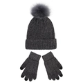 Detail view of dark grey knit hat with faux fur pom and touchscreen gloves set - Dark Gray