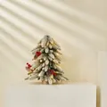 Mini tabletop snowy Christmas tree with red berries, pine cones and warm LED lights - Snow Flocked Tree With Decorations And LED Lights
