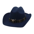 Dark blue felt cowboy hat with ethnic woven band and silver bull head metal ornament - One Size / Navy Blue (Bull Head)