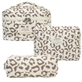 Three-piece leopard print quilted cotton cosmetic bag set with travel pouches - White Leopard Print