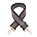 Detail of 5cm wide woven shoulder strap with geometric pattern and gold metal lobster clasps - Dark Coffee