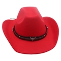 Classic red felt western cowboy hat featuring a silver bull skull metal buckle detail - One Size / Red