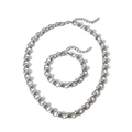 Polished stainless steel beaded necklace and bracelet set with adjustable lobster clasps - Silver Jewelry Set (YYSU024027-P)