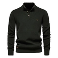 Dark green men's long-sleeve knit sweater with high neck half-button collar in solid color - Dark Green