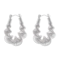 Detail view of silver spiral twisted earrings with metallic lines on white backdrop - Pleated Twisted Line Style (VE1030) / White Gold