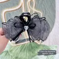 Sparkly black tulle bow hair claw clip with heart rhinestone center and 13cm diameter - Sparkling Heart-Grey Claw Clip