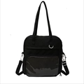 Large capacity black nylon tote bag with clear front pocket and adjustable shoulder strap - Black