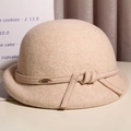 French vintage beige wool cloche hat with elegant bow and metallic detail - M (56-58cm) Adjustable / Mixed Beige