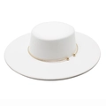 Elegant white flat top wool felt boater hat with a delicate gold metal decorative band - M (56-58cm) / White