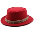 Detail of red wool felt bowler hat with a colorful woven ethnic decorative band - M(56-58cm) / Red
