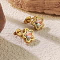 Golden flower star earrings with colorful crystal stones on natural rock background - Colorful Star Stud Earrings (BD513-colorful)