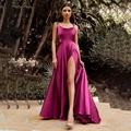 Elegant rose red satin evening dress with high side slit and spaghetti straps - L / Rose Red