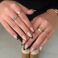 Short almond press-on nails with French leopard print and black tip design, 24 pieces - Bz1593 Fingerprint / Glue Type
