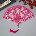Rose red lace folding fan with rose embroidery, golden motifs and long tassel - Fan with Tassel / Rose Red