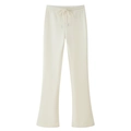 Detail of cream white flared knit pants with elastic drawstring waistband on white background - S / Pants / Milky White