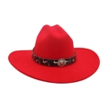 Red western wool felt jazz hat with patterned band and silver lion head metal ornament - Red
