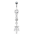 Silver stainless steel belly button ring with clear cubic zirconia dangles - Style 5