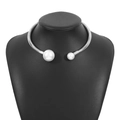 Minimalist silver spring metal neck collar with asymmetric pearls on a display - Silver