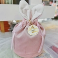 Pink velvet gift bag with rabbit ears, silk drawstring, and Forever Love pearl charm - Foggy Pink