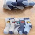 Set of 5 pairs of boys' cotton winter socks with colorful cartoon construction vehicle patterns - Thickened Terry [Car]
