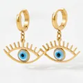 Goldene Creolen mit blauem Emaille-Auge und hohlem Wimperndesign im Evil Eye Stil - Gold (KDE411)