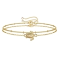 Close-up of golden turtle charm and beaded chain with adjustable lobster clasp - Gold Sea Turtle Double-layer Bracelet (0175)