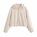Damen Kapuzenjacke aus Kunstleder in Creme mit Reißverschluss und elastischen Bündchen - XS / Cremeweißes Oberteil