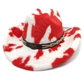 Detail of red and white cow print cowboy hat with a bronze bull head buckle and leather strap - M (56-58cm) / Straight Top / Red and White Cow Print