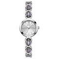 Montre bracelet argentée pour femme avec cadran rond et cristaux ovales violets - Boîtier Argent Cadran Blanc Pierres Violettes Bracelet Argent