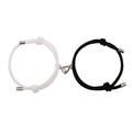Adjustable Milan rope bracelets for couples with magnetic heart charms on white background - Black and White