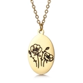 Gold stainless steel oval pendant necklace with black floral engraving and cross chain - August Poppy (KN227553-Z)